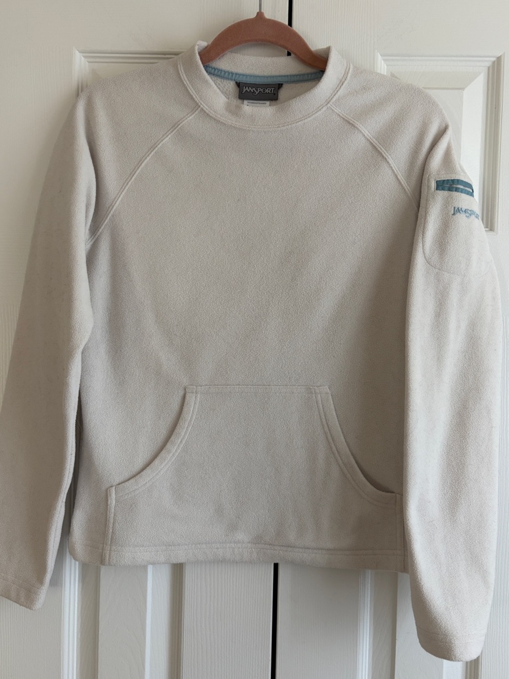 Jansport Cream Crewneck Fleece Pullover with Blue Logo Accent